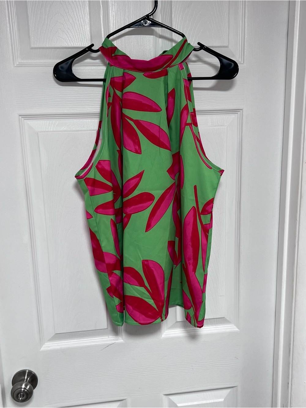 Green Halter Tank Top with Pink Leaf Print Size L